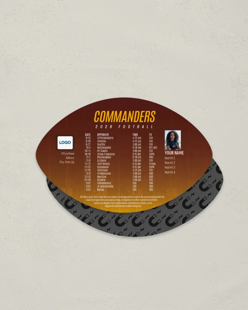 This is a 3.7" x 5.7" Football-Shaped Football Schedule Magnet called Washington Commanders printed in full color