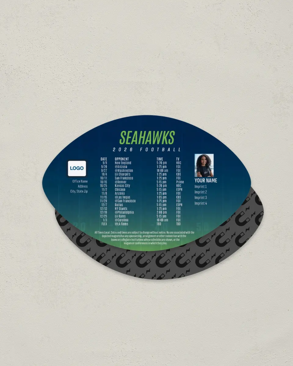 This is a 3.7" x 5.7" Football-Shaped Football Schedule Magnet called Seahawks printed in full color