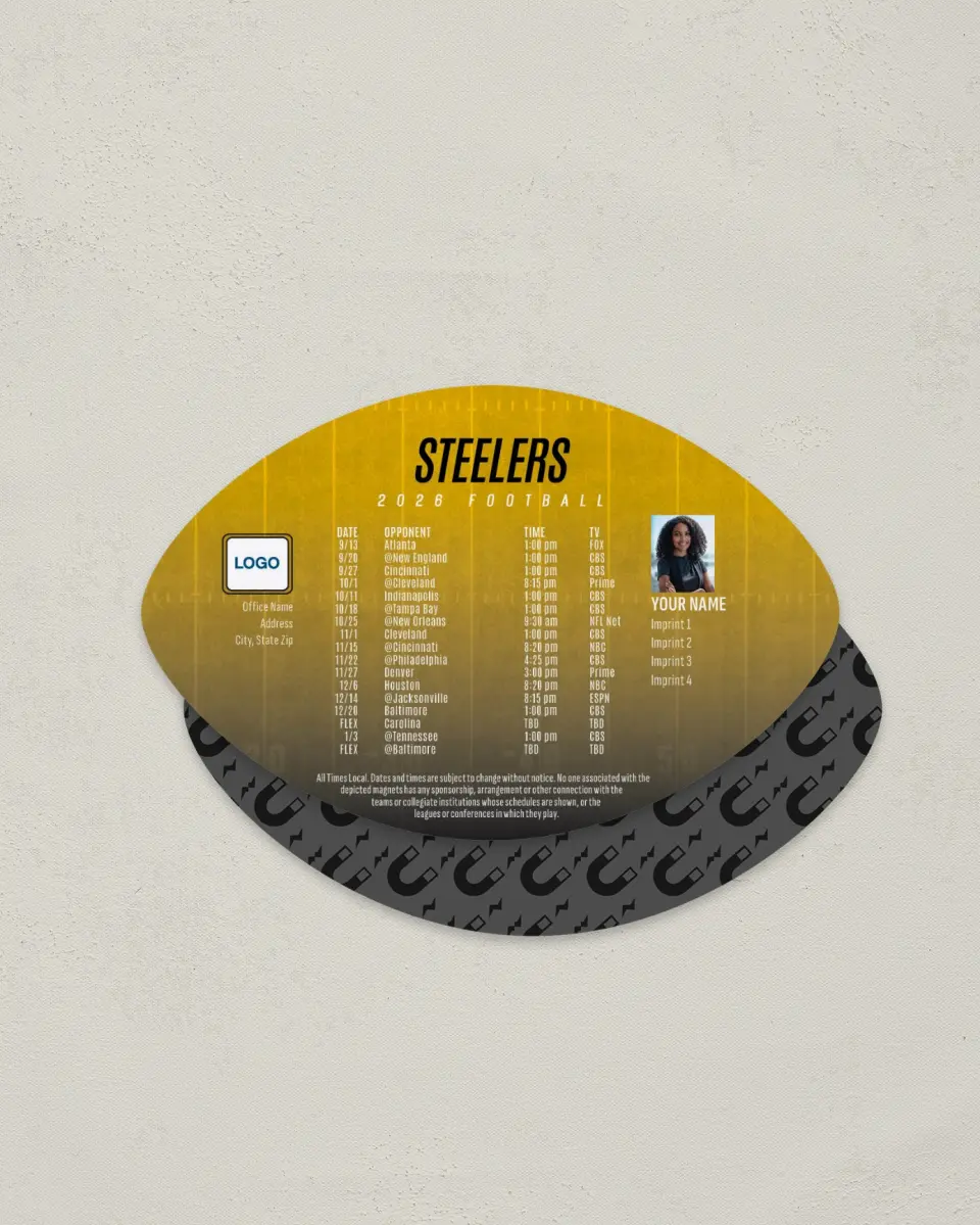This is a 3.7" x 5.7" Football-Shaped Football Schedule Magnet called Steelers printed in full color