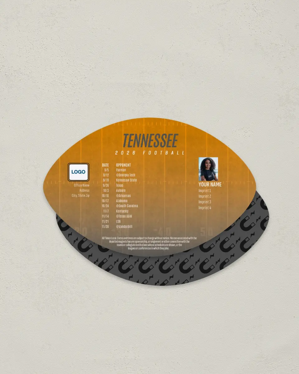 This is a 3.7" x 5.7" Football-Shaped Football Schedule Magnet called Tennessee printed in full color