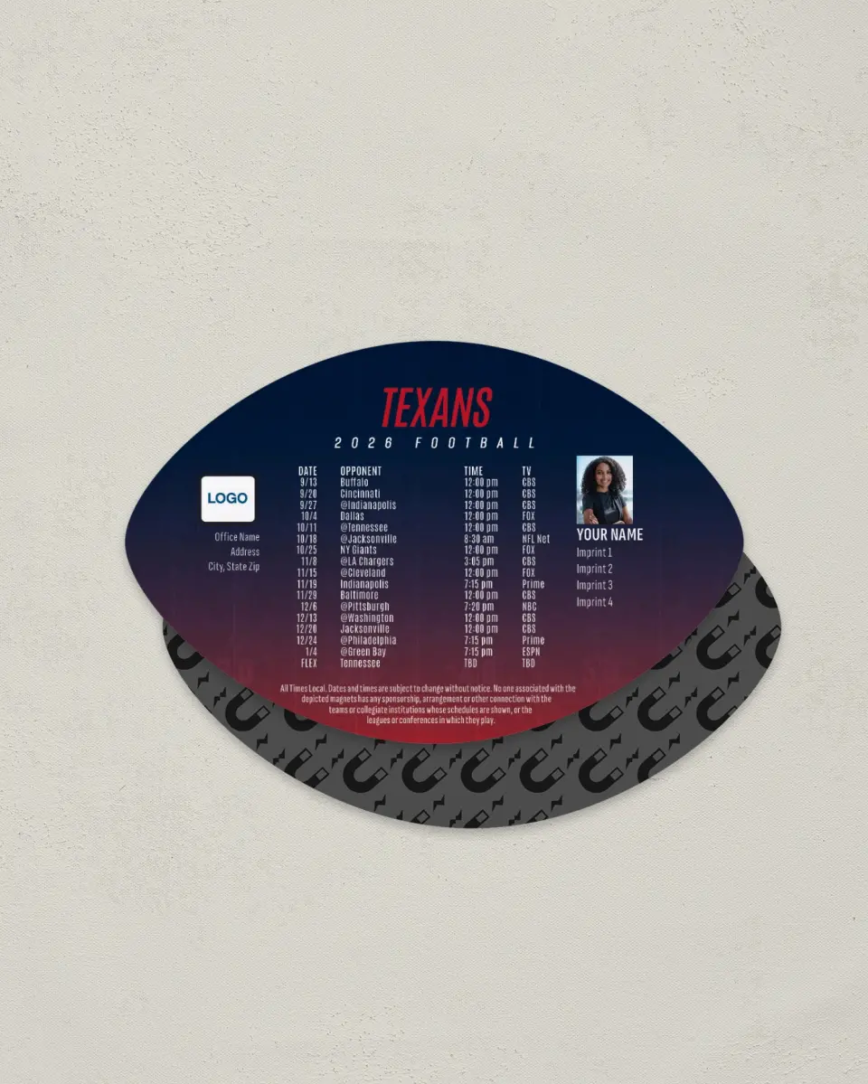 This is a 3.7" x 5.7" Football-Shaped Football Schedule Magnet called Texans printed in full color