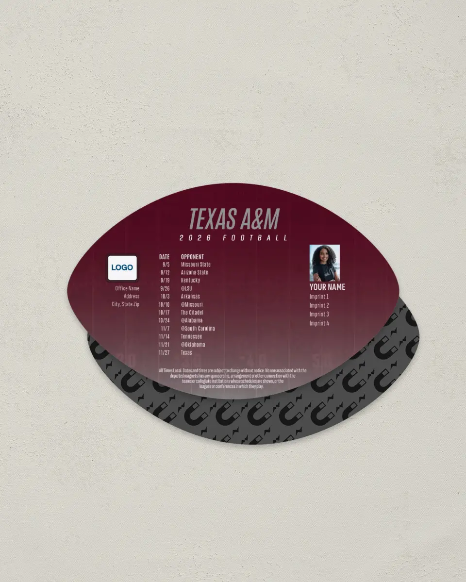 This is a 3.7" x 5.7" Football-Shaped Football Schedule Magnet called Texas A&M printed in full color