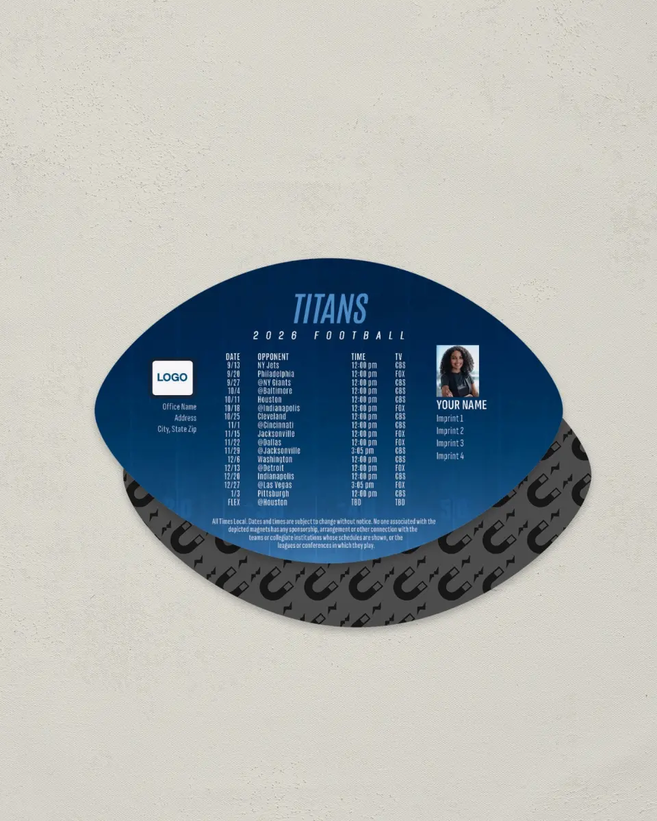 This is a 3.7" x 5.7" Football-Shaped Football Schedule Magnet called Titans printed in full color
