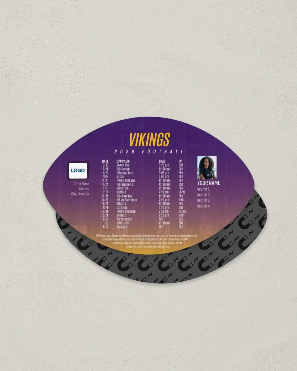 This is a 3.7" x 5.7" Football-Shaped Football Schedule Magnet called Vikings printed in full color