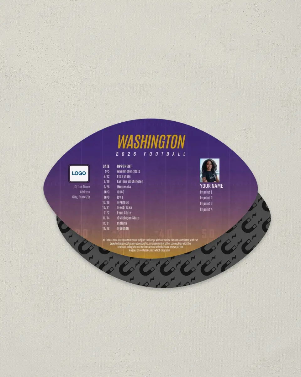 This is a 3.7" x 5.7" Football-Shaped Football Schedule Magnet called Washington printed in full color