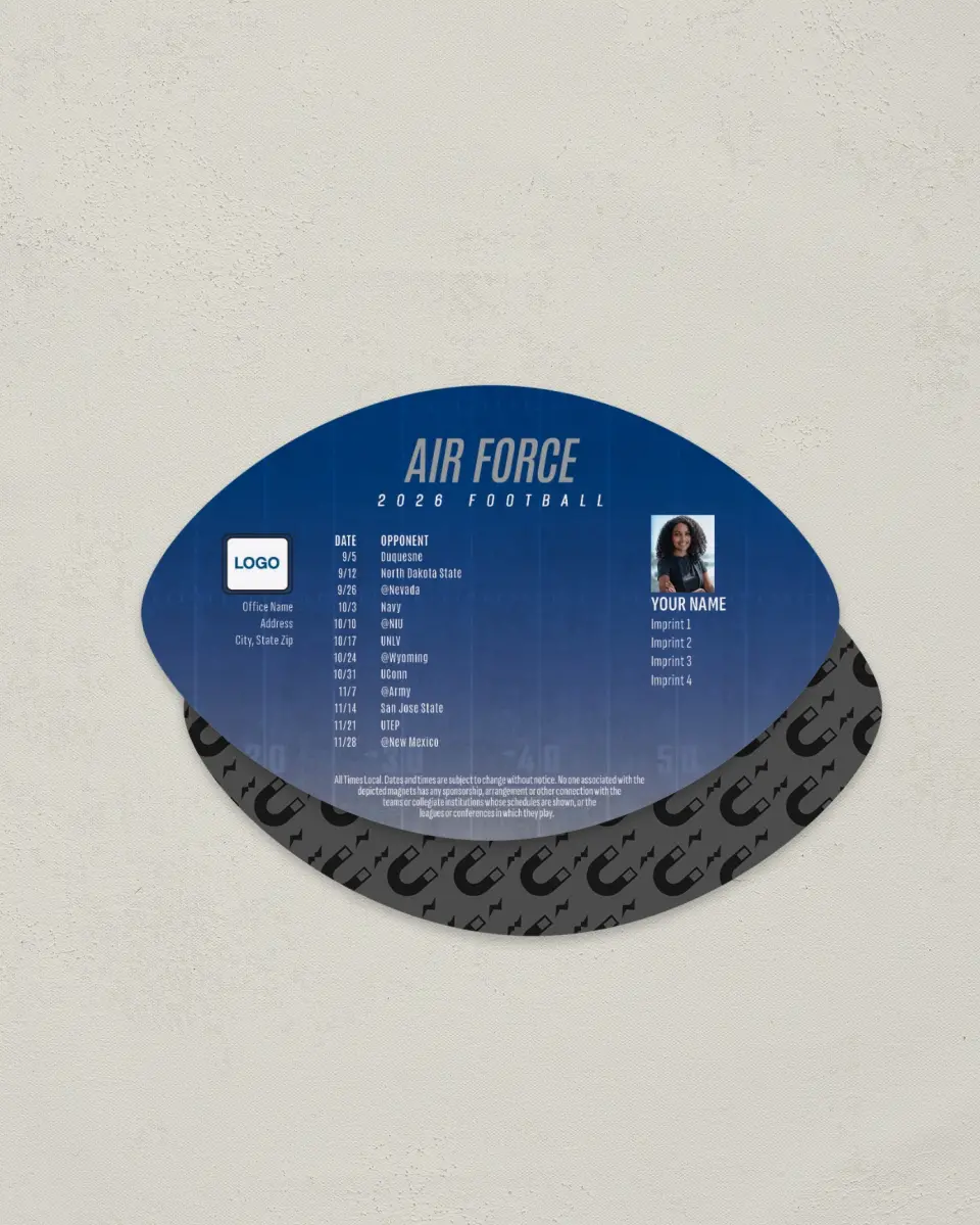 This is a 3.7" x 5.7" Football-Shaped Football Schedule Magnet called Air Force Academy printed in full color