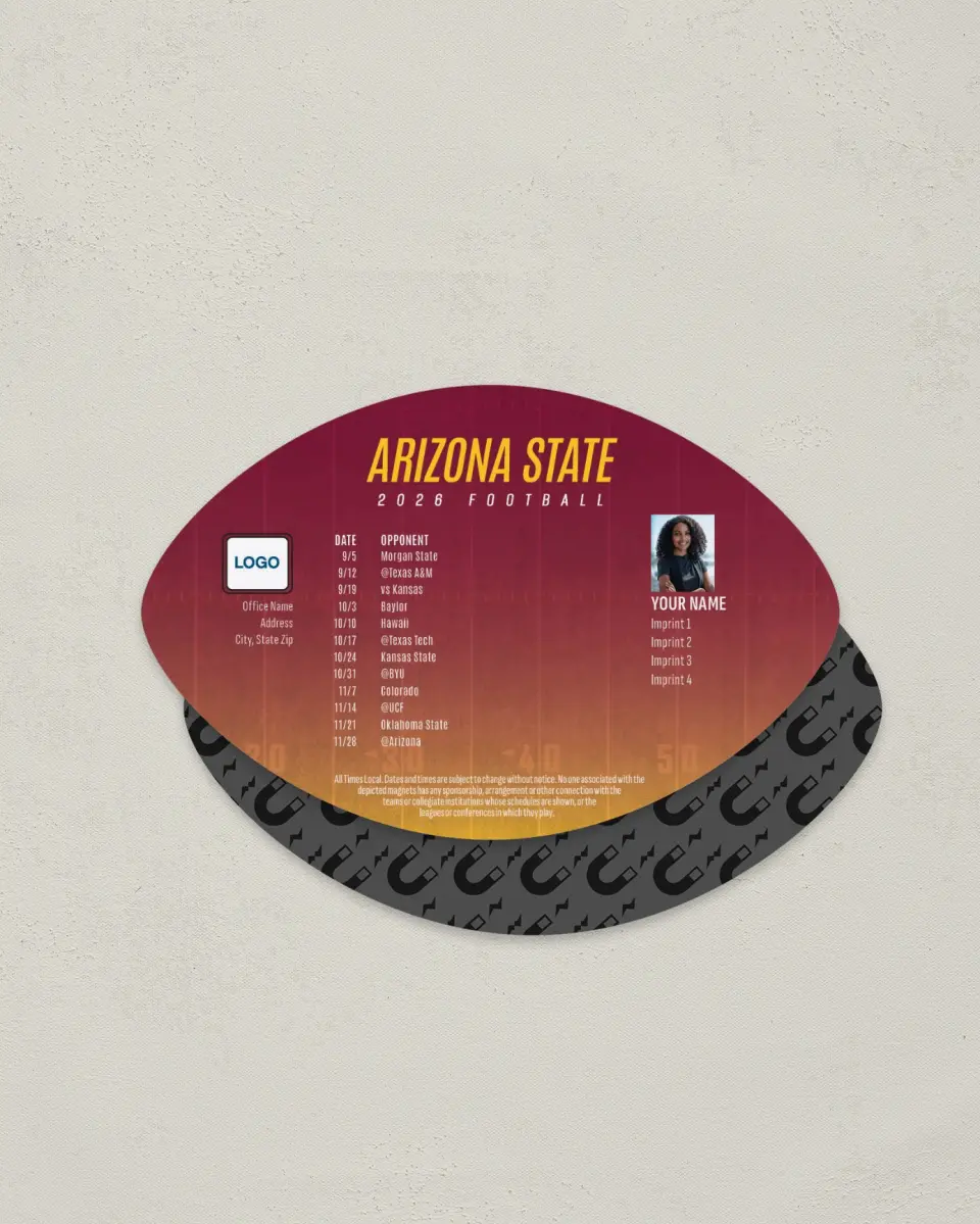 This is a 3.7" x 5.7" Football-Shaped Football Schedule Magnet called Arizona State Sun Devils printed in full color