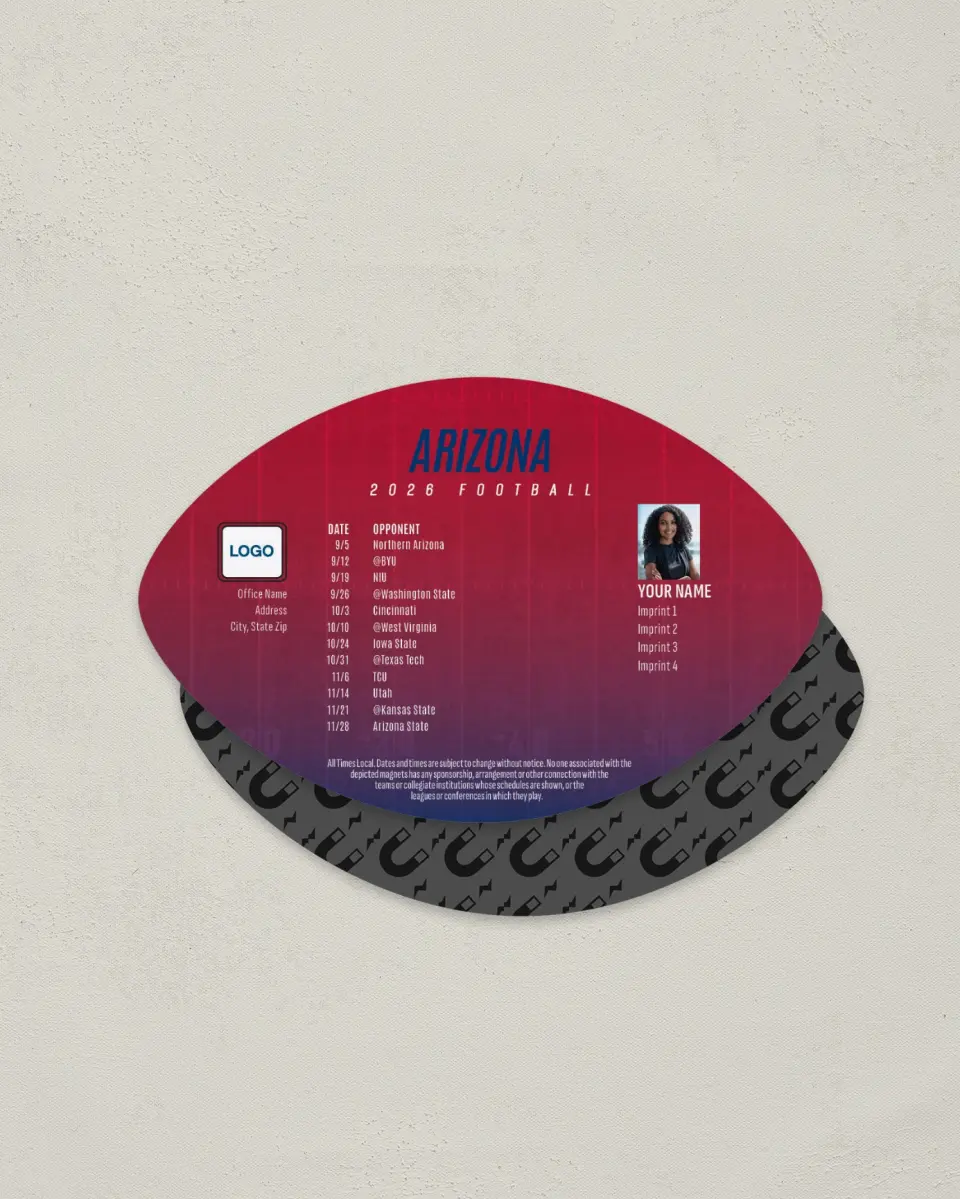 This is a 3.7" x 5.7" Football-Shaped Football Schedule Magnet called Arizona Wildcats printed in full color