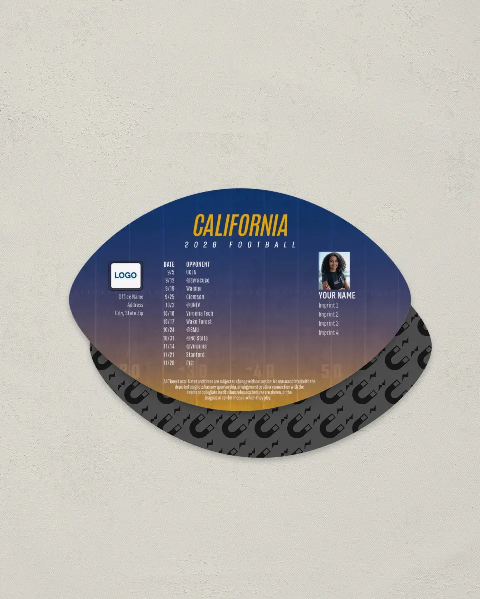 This is a 3.7" x 5.7" Football-Shaped Football Schedule Magnet called California Golden Bears printed in full color