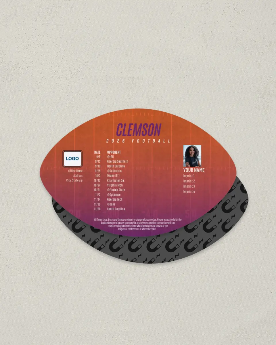 This is a 3.7" x 5.7" Football-Shaped Football Schedule Magnet called Clemson Tigers printed in full color