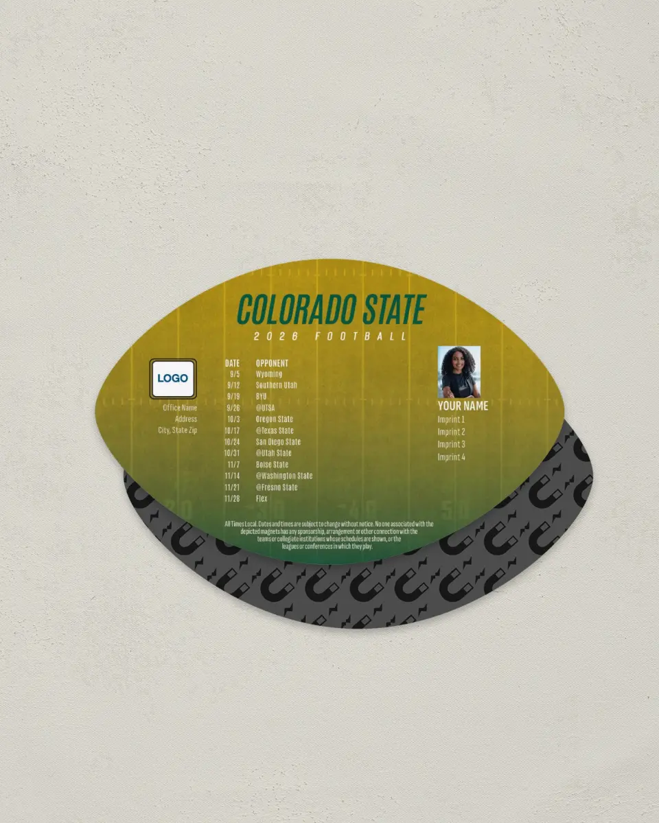 This is a 3.7" x 5.7" Football-Shaped Football Schedule Magnet called Colorado State Rams printed in full color