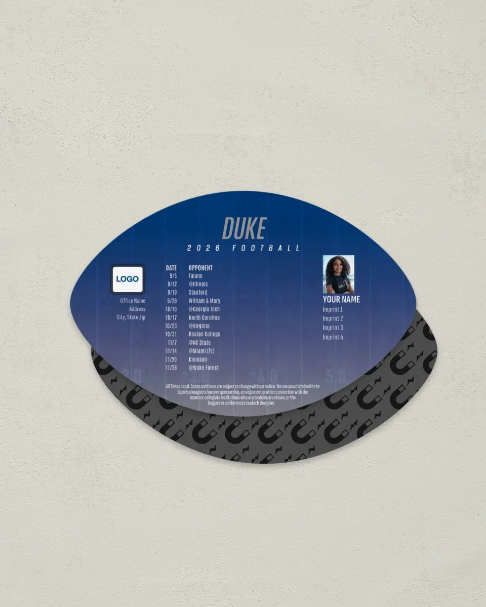 This is a 3.7" x 5.7" Football-Shaped Football Schedule Magnet called Duke Blue Devils printed in full color