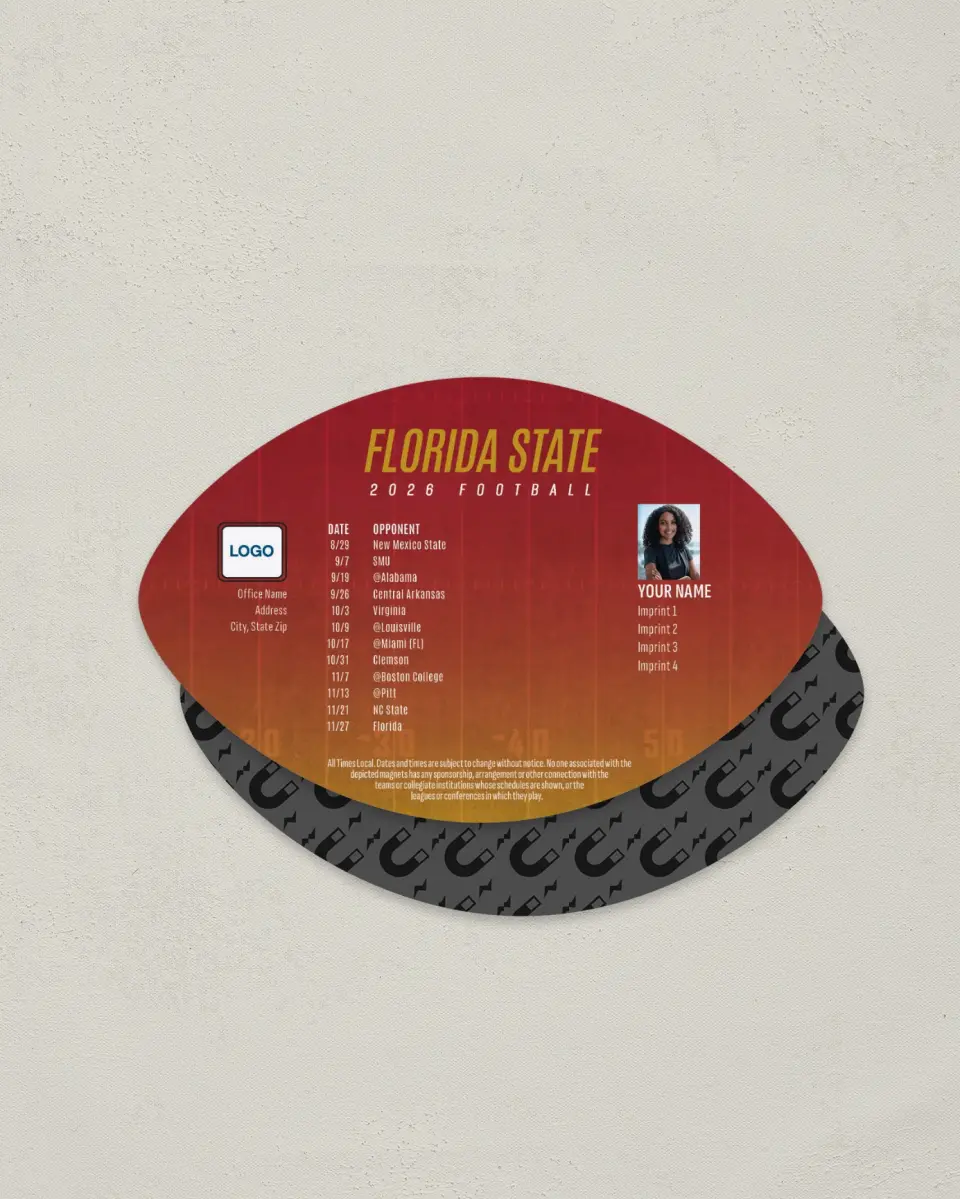 This is a 3.7" x 5.7" Football-Shaped Football Schedule Magnet called Florida State Seminoles printed in full color
