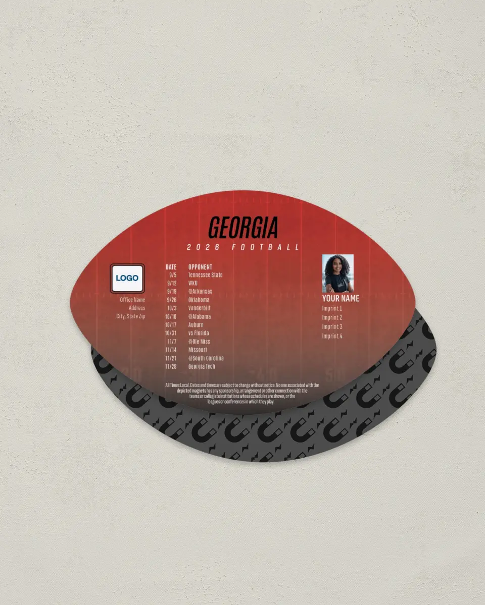 This is a 3.7" x 5.7" Football-Shaped Football Schedule Magnet called Georgia Bulldogs printed in full color