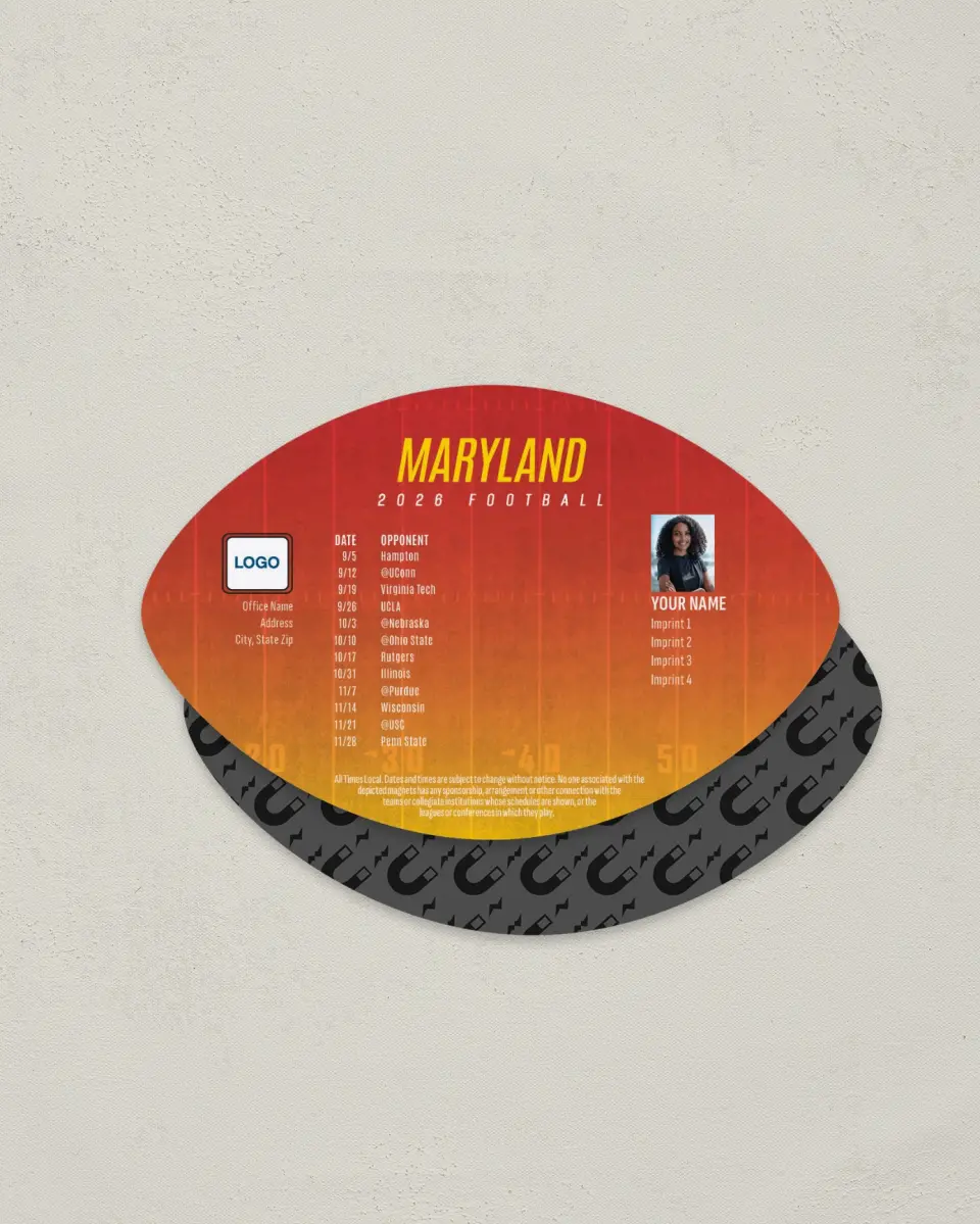 This is a 3.7" x 5.7" Football-Shaped Football Schedule Magnet called Maryland Terrapins printed in full color