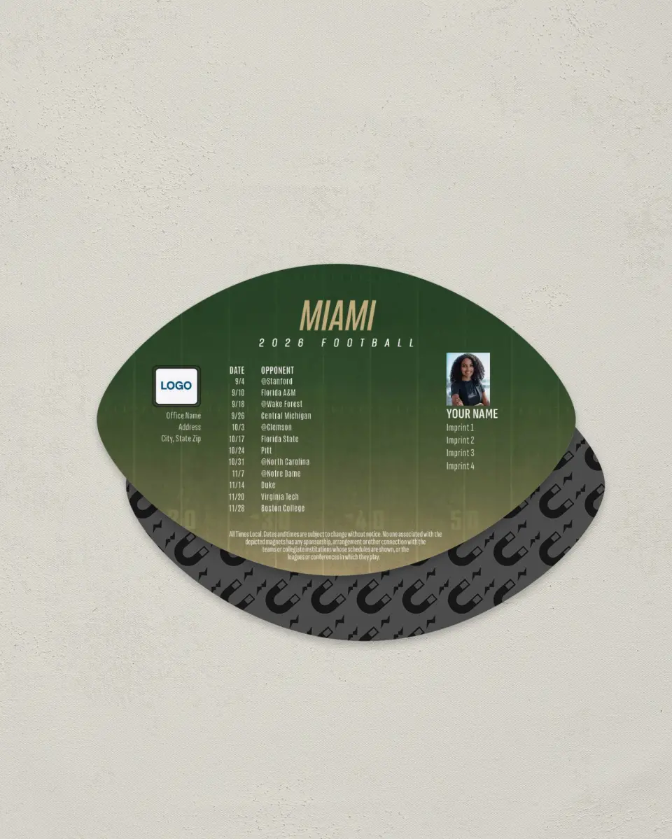 This is a 3.7" x 5.7" Football-Shaped Football Schedule Magnet called Miami Hurricanes printed in full color