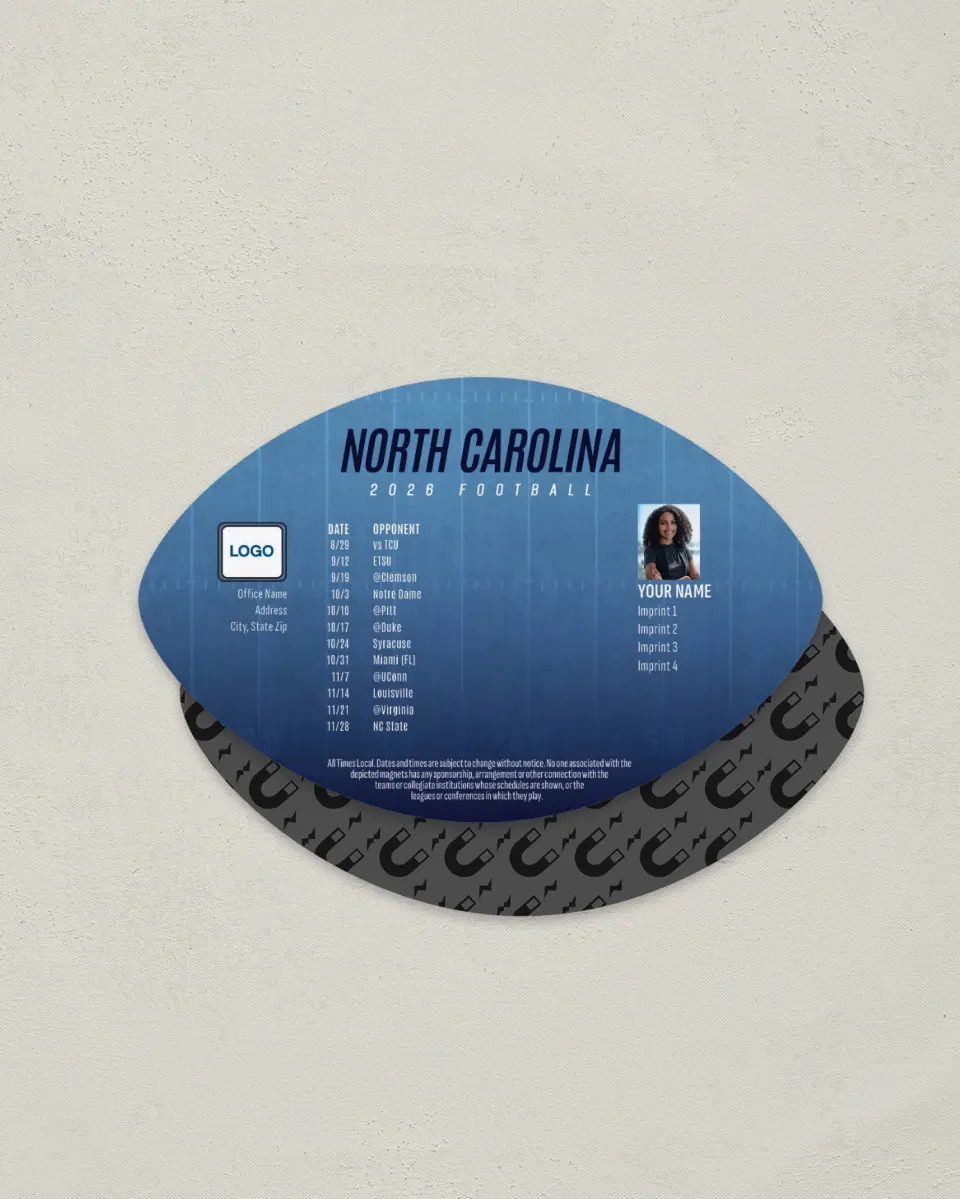 This is a 3.7" x 5.7" Football-Shaped Football Schedule Magnet called North Carolina TarHeels printed in full color