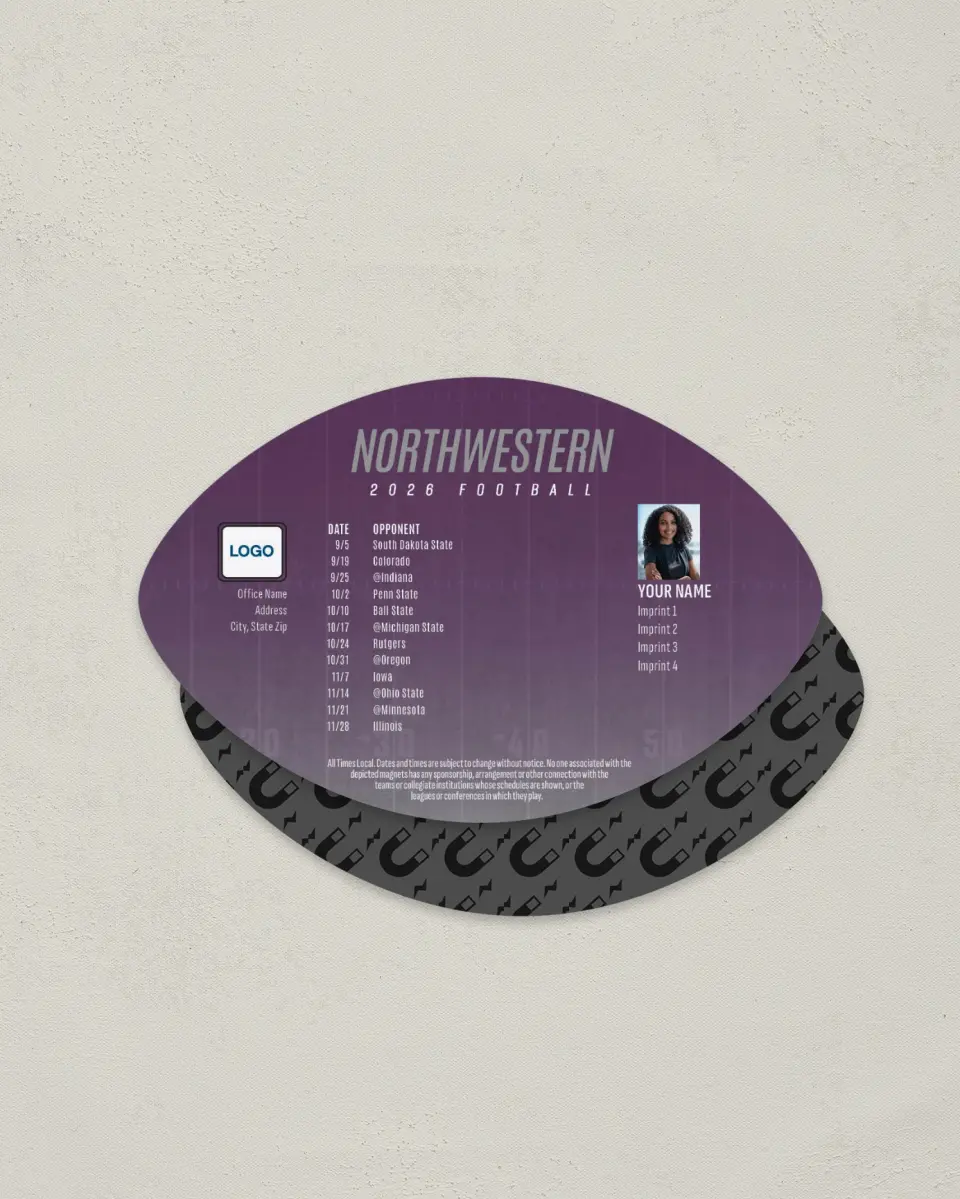 This is a 3.7" x 5.7" Football-Shaped Football Schedule Magnet called Northwestern Wildcats printed in full color