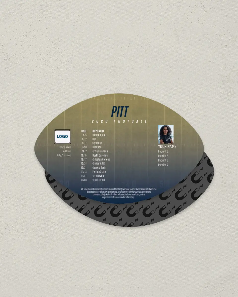 This is a 3.7" x 5.7" Football-Shaped Football Schedule Magnet called Pittsburgh Panthers printed in full color