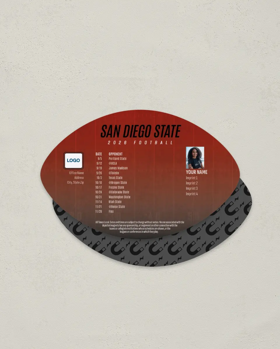This is a 3.7" x 5.7" Football-Shaped Football Schedule Magnet called San Diego State Aztecs printed in full color