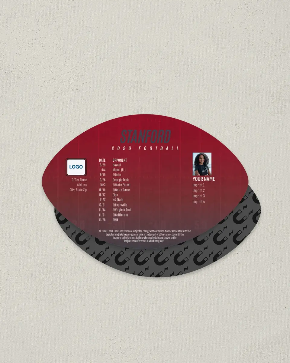 This is a 3.7" x 5.7" Football-Shaped Football Schedule Magnet called Stanford Cardinal printed in full color