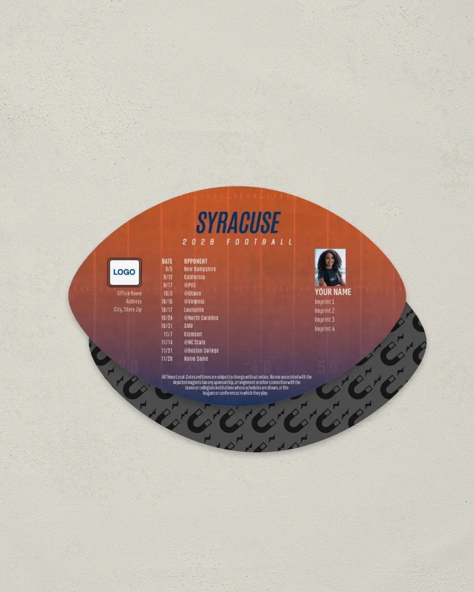 This is a 3.7" x 5.7" Football-Shaped Football Schedule Magnet called Syracuse Orange printed in full color