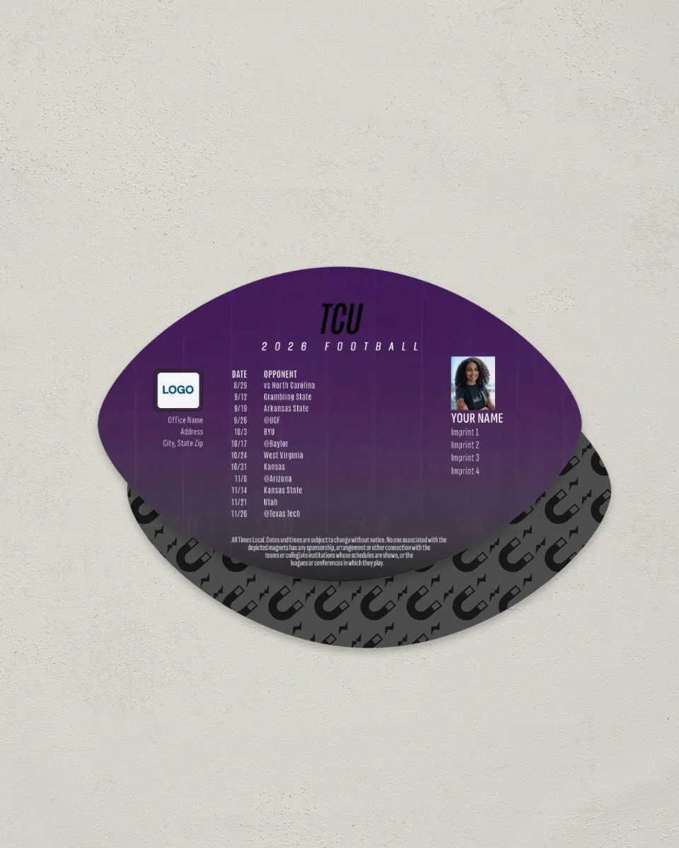 This is a 3.7" x 5.7" Football-Shaped Football Schedule Magnet called TCU Horned Frogs printed in full color