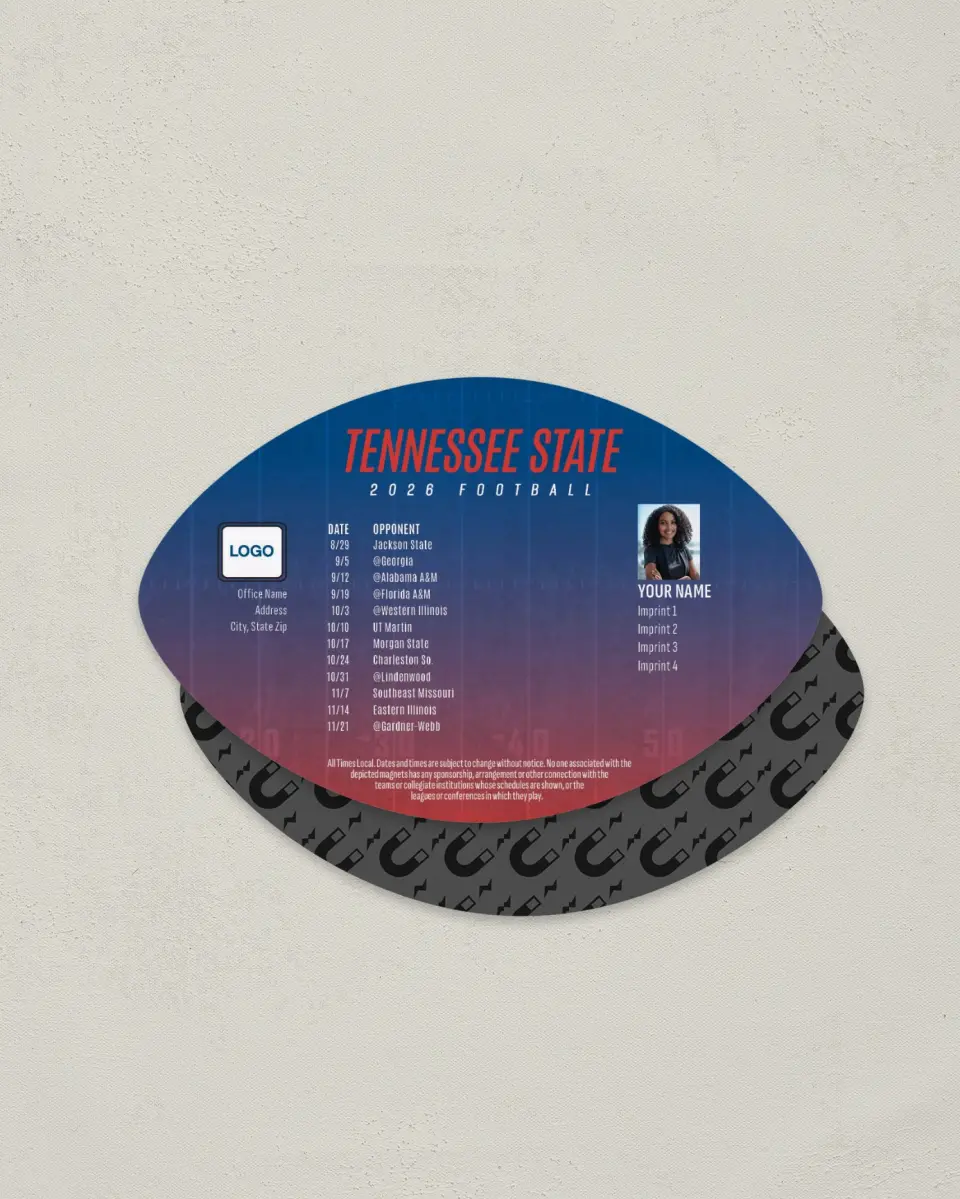This is a 3.7" x 5.7" Football-Shaped Football Schedule Magnet called Tennessee State printed in full color