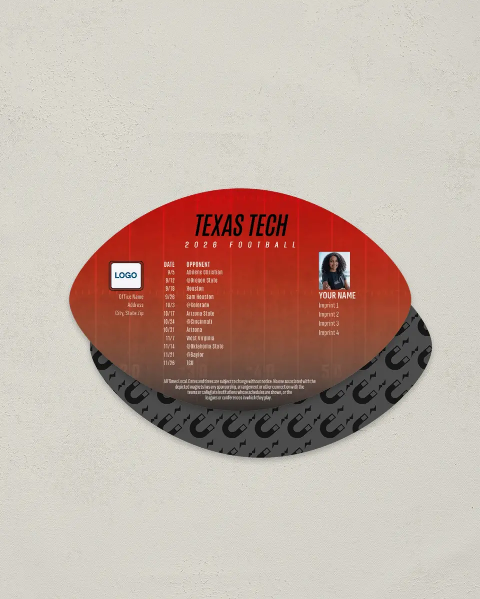 This is a 3.7" x 5.7" Football-Shaped Football Schedule Magnet called Texas Tech Red Raiders printed in full color