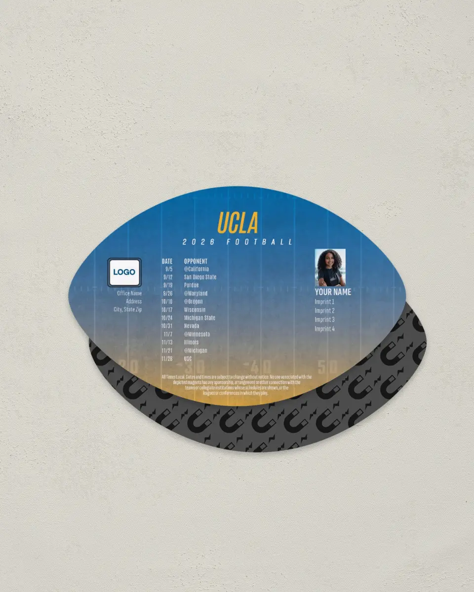 This is a 3.7" x 5.7" Football-Shaped Football Schedule Magnet called UCLA printed in full color