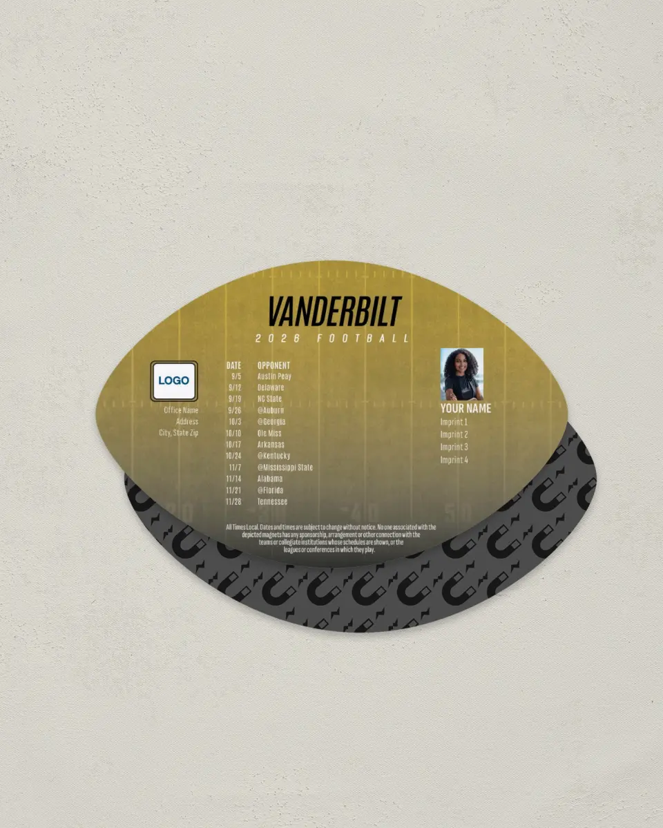 This is a 3.7" x 5.7" Football-Shaped Football Schedule Magnet called Vanderbilt Commodores printed in full color
