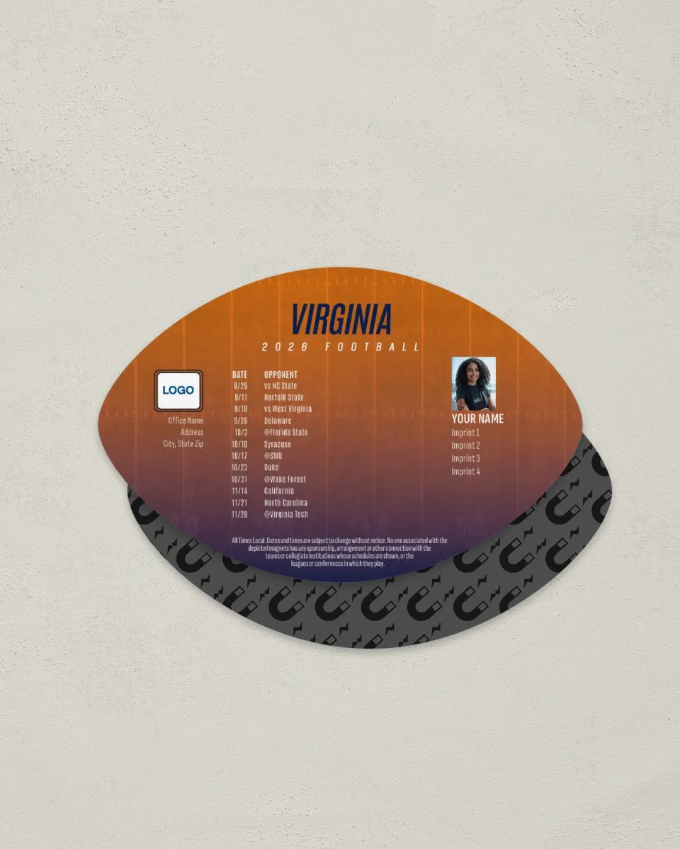 This is a 3.7" x 5.7" Football-Shaped Football Schedule Magnet called Virginia Cavaliers printed in full color
