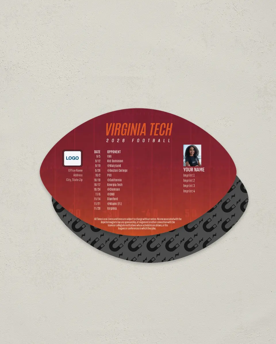 This is a 3.7" x 5.7" Football-Shaped Football Schedule Magnet called Virginia Tech Hokies printed in full color