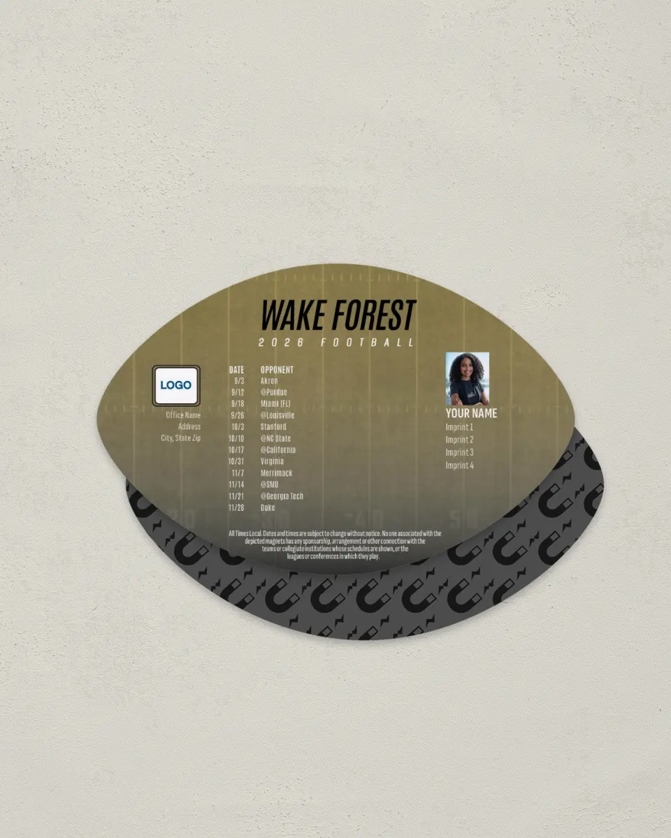 This is a 3.7" x 5.7" Football-Shaped Football Schedule Magnet called Wake Forest Demon Deacons printed in full color