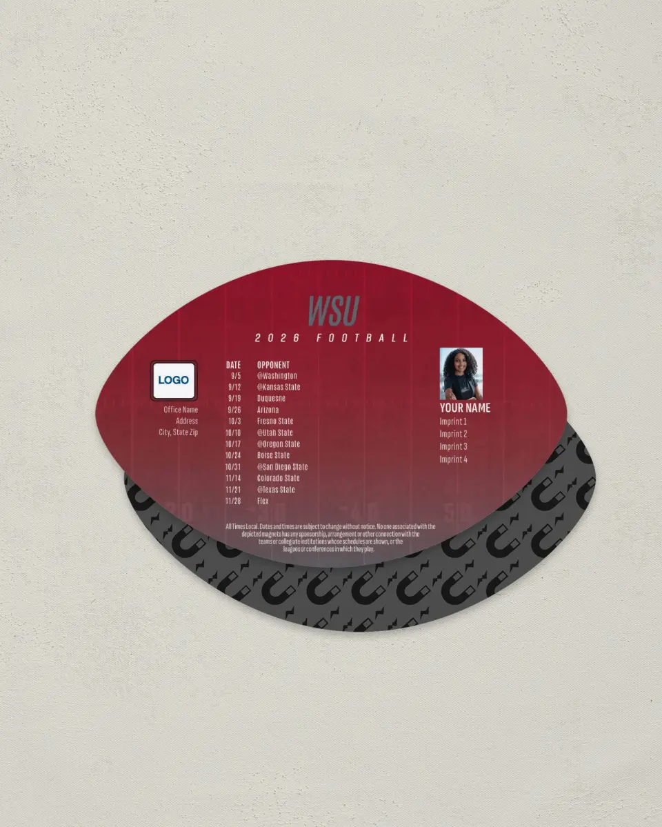 This is a 3.7" x 5.7" Football-Shaped Football Schedule Magnet called Washington State Cougars printed in full color