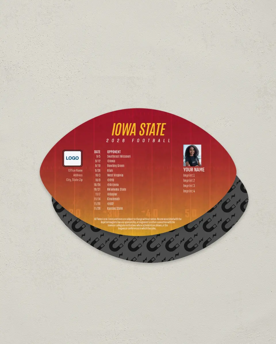 This is a 3.7" x 5.7" Football-Shaped Football Schedule Magnet called Iowa State Cyclones printed in full color