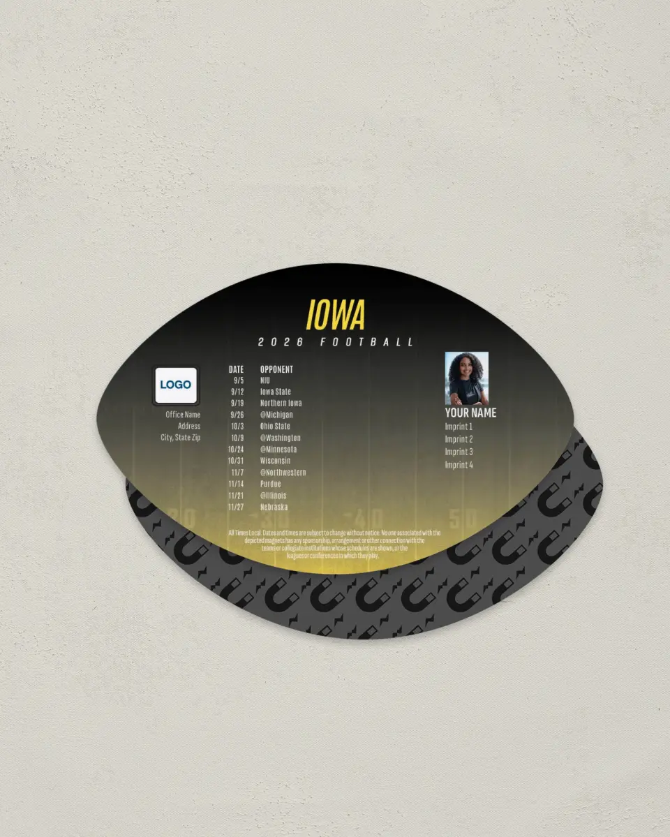 This is a 3.7" x 5.7" Football-Shaped Football Schedule Magnet called Iowa Hawkeyes printed in full color