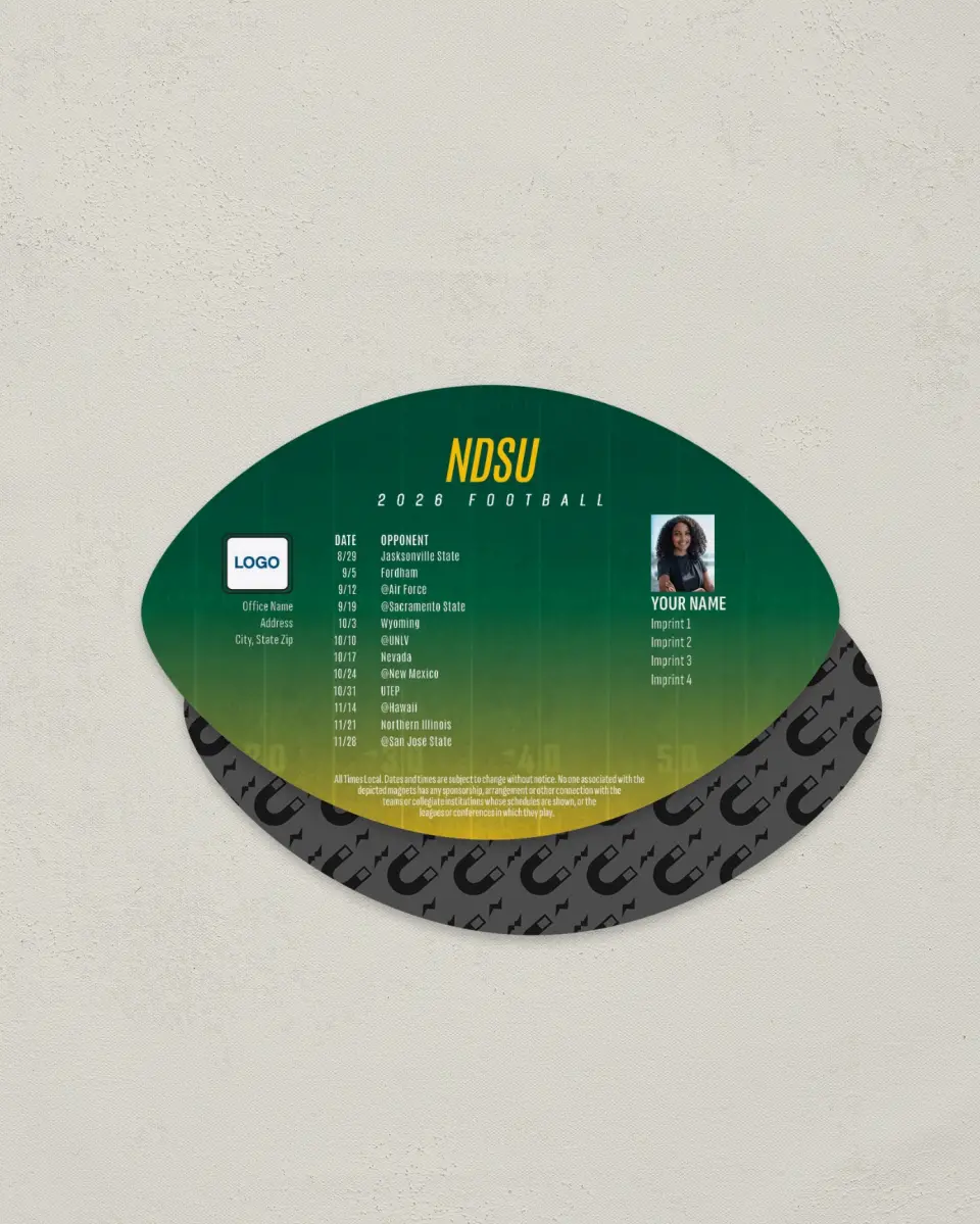 This is a 3.7" x 5.7" Football-Shaped Football Schedule Magnet called North Dakota State Bison printed in full color