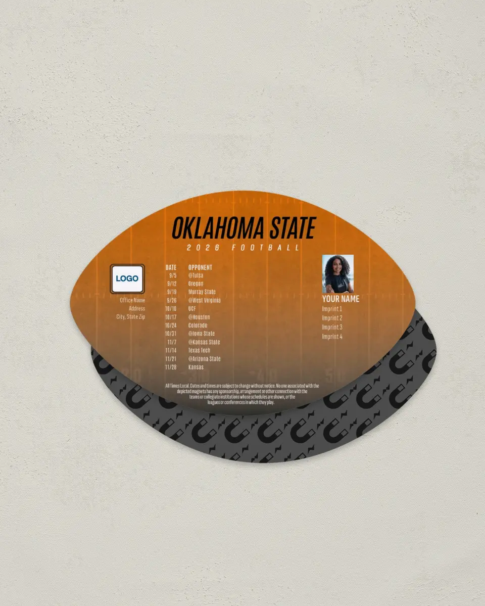 This is a 3.7" x 5.7" Football-Shaped Football Schedule Magnet called Oklahoma State Cowboys printed in full color