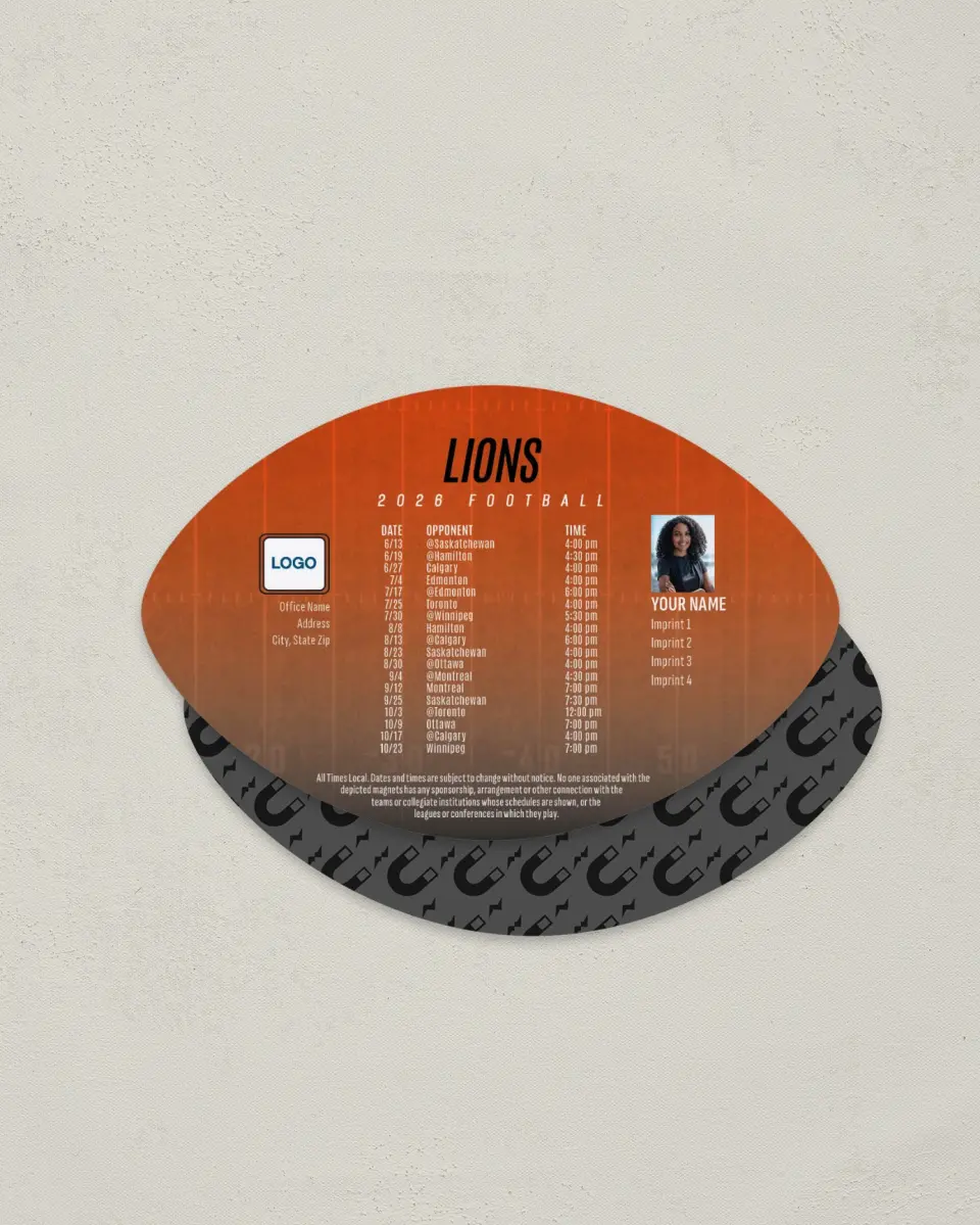 This is a 3.7" x 5.7" Football-Shaped Football Schedule Magnet called BC Lions printed in full color