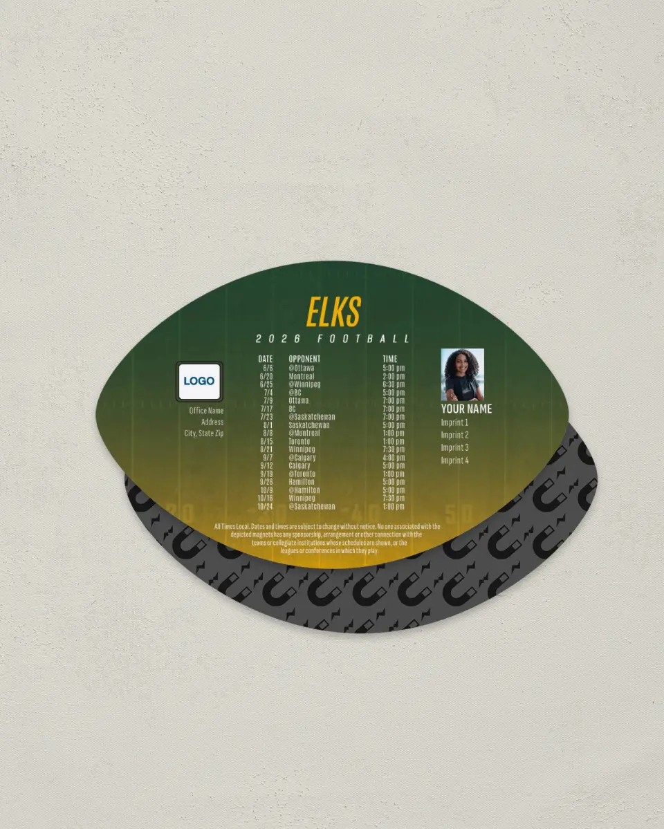 This is a 3.7" x 5.7" Football-Shaped Football Schedule Magnet called Edmonton Elks printed in full color