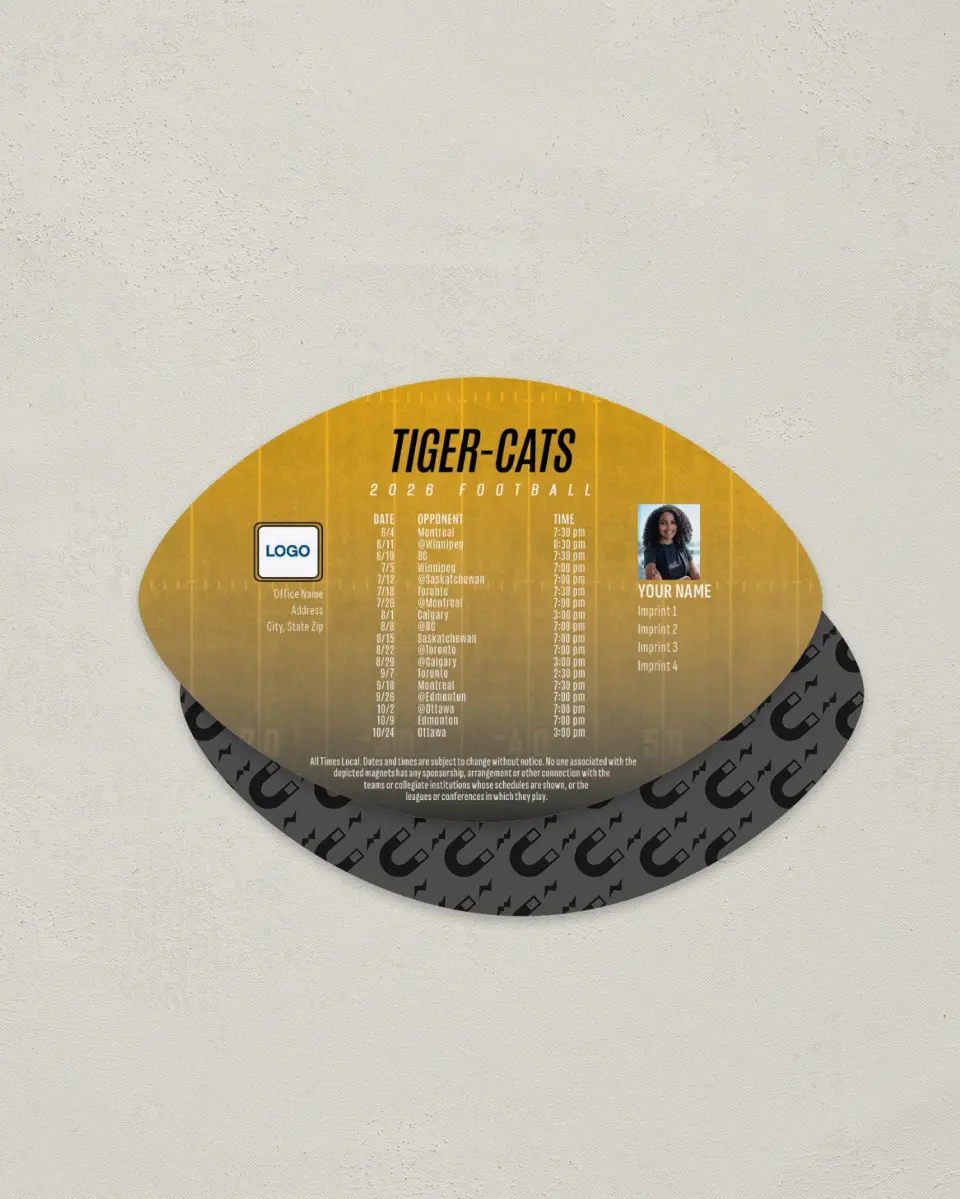 This is a 3.7" x 5.7" Football-Shaped Football Schedule Magnet called Hamilton Tiger Cats printed in full color