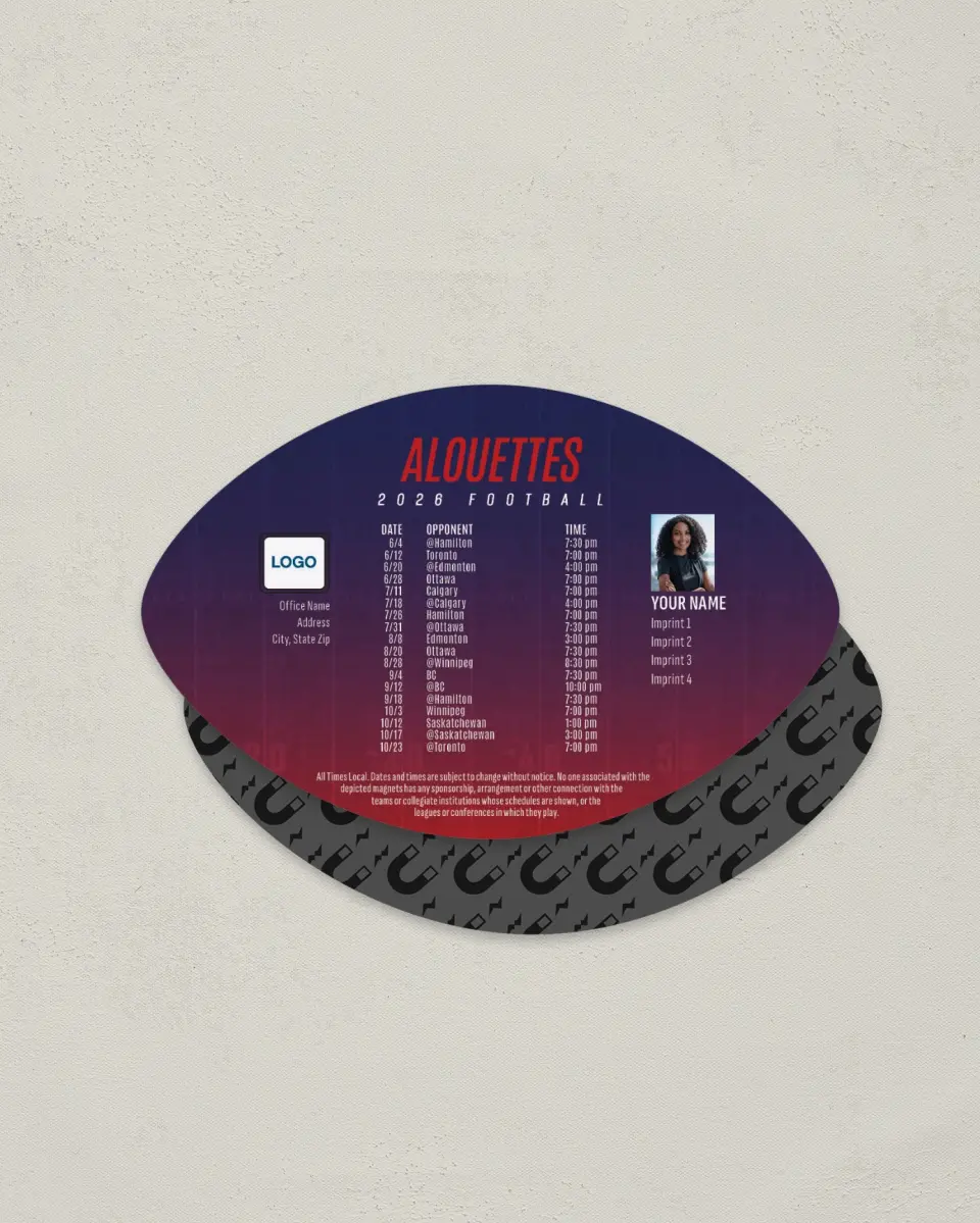This is a 3.7" x 5.7" Football-Shaped Football Schedule Magnet called Montreal Alouettes printed in full color