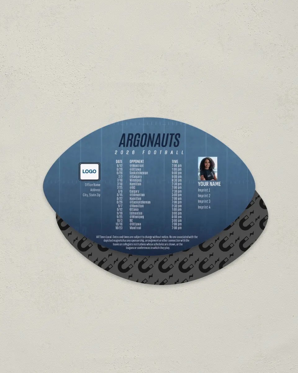 This is a 3.7" x 5.7" Football-Shaped Football Schedule Magnet called Toronto Argonauts printed in full color