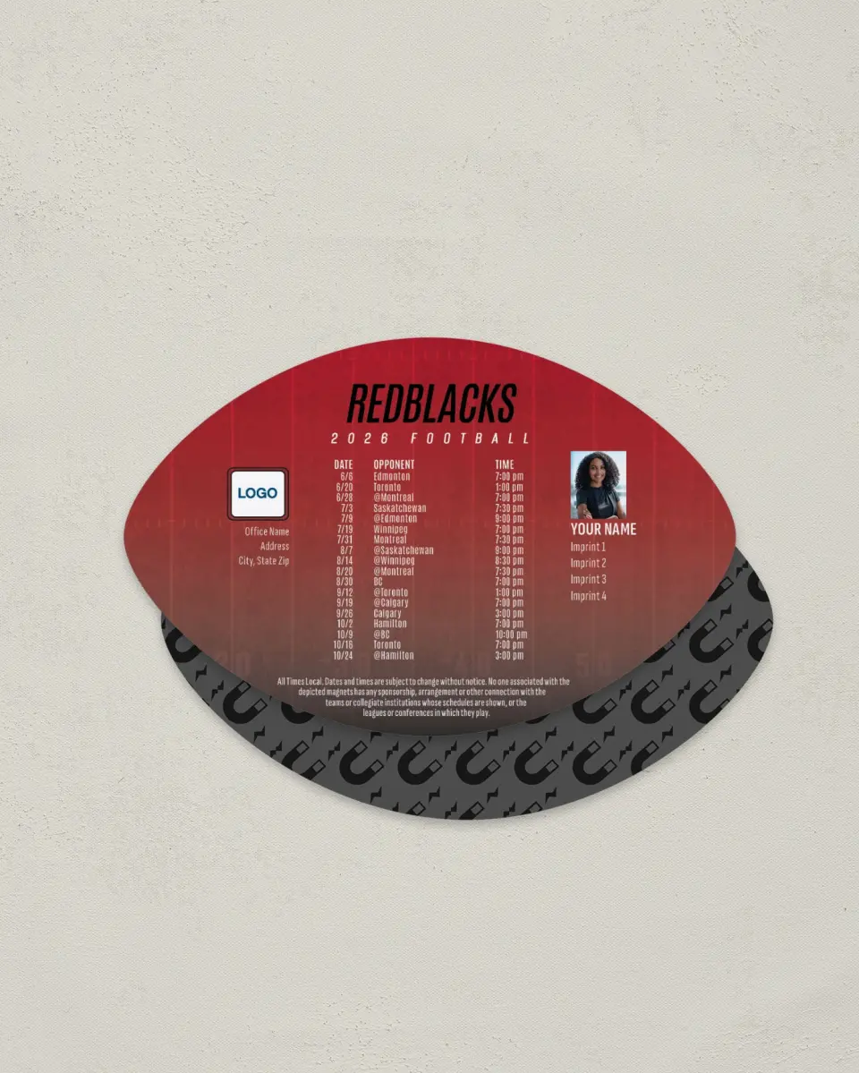 This is a 3.7" x 5.7" Football-Shaped Football Schedule Magnet called Ottawa Redblacks printed in full color
