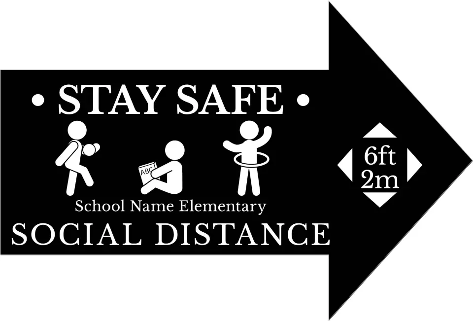 This is a 9½" x 14" Arrow Floor Decal Social Distancing Floor Decal called Stay Safe printed in full color on Indoor Tile/Wood Flooring paper