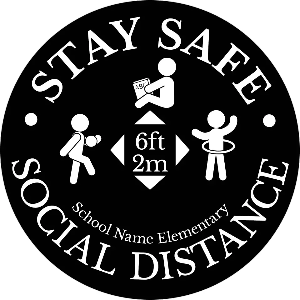 This is a 9½" Circle Floor Decal Social Distancing Floor Decal called Stay Safe printed in full color on Indoor Tile/Wood Flooring paper