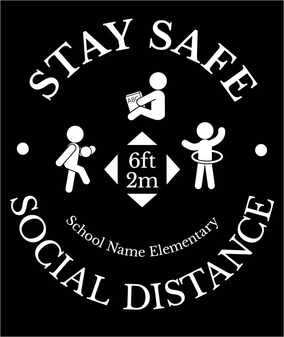 This is a 8" x 9½" Rectange Floor Decal Social Distancing Floor Decal called Stay Safe printed in full color on Indoor Tile/Wood Flooring paper