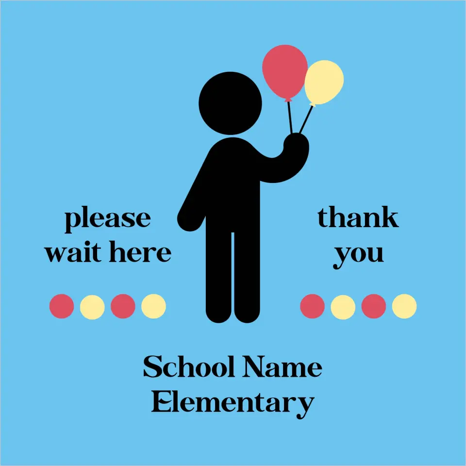 This is a 9½" Square Floor Decal Social Distancing Floor Decal called Please Wait Here printed in full color on Indoor Tile/Wood Flooring paper