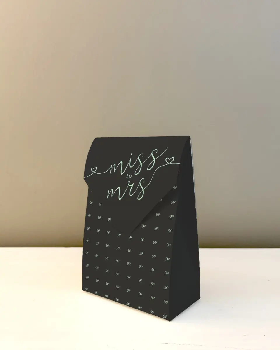 This is a 3.5" x 5.5" Wedding Favor Boxe called Soon To Be Mrs. printed in full color